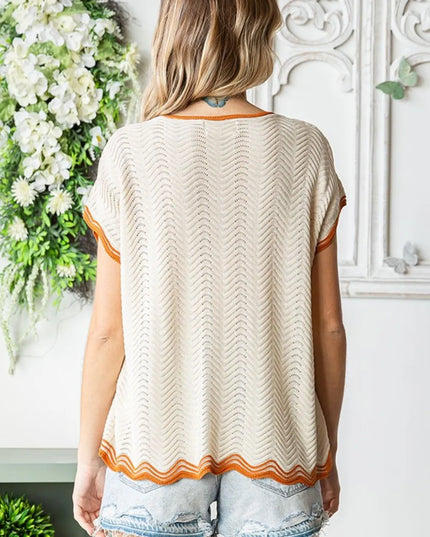 First Love Full Size Contrast Wavy Crochet Drop Shoulder Knit Top