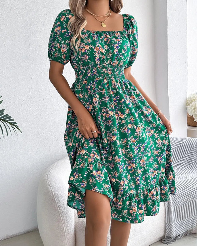 Ruffled Hem Floral Puff Sleeve Dress