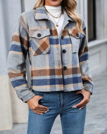 Plaid Oversized Button-Up Cropped Jacket