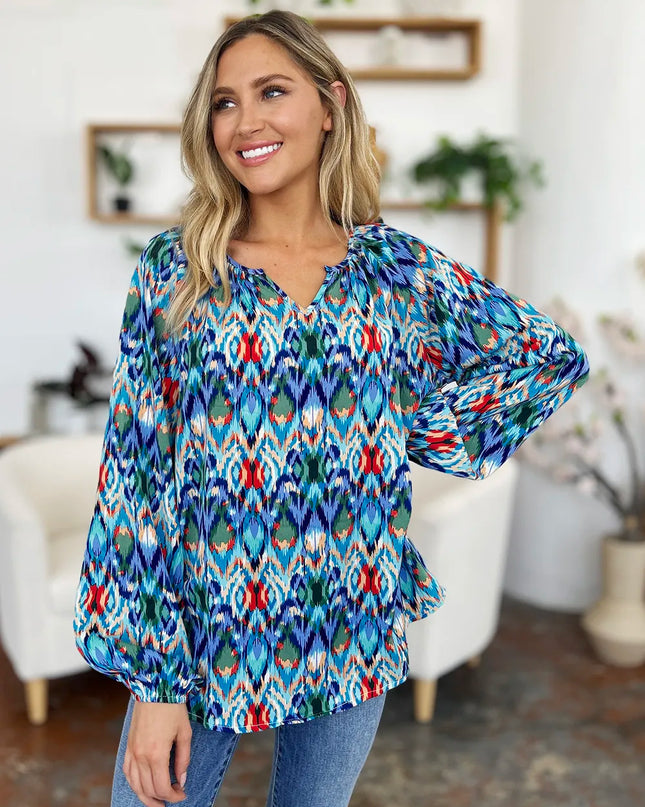 Double Take Full Size Printed Balloon Sleeve Blouse
