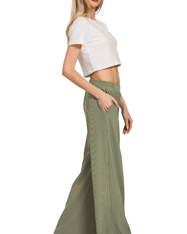 Zenana Ribbed High Neck Half Zip Pullover & Pants Set