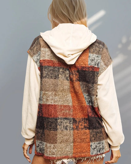 Double Take Contrast Long Sleeve Hooded Plaid Jacket
