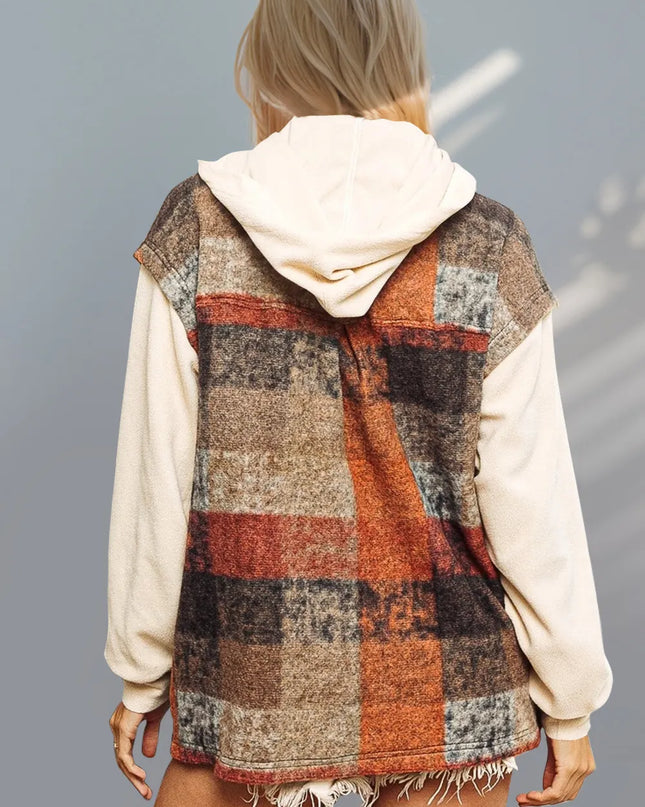 Double Take Contrast Long Sleeve Hooded Plaid Jacket