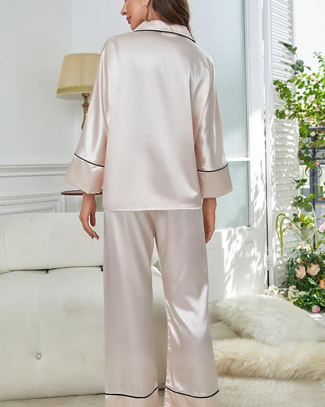 Contrast Piping Button-Up Top and Pants Pajama Set