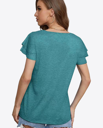 Tie-Neck Layered Flutter Sleeve Blouse