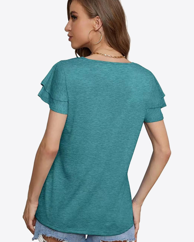 Tie-Neck Layered Flutter Sleeve Blouse