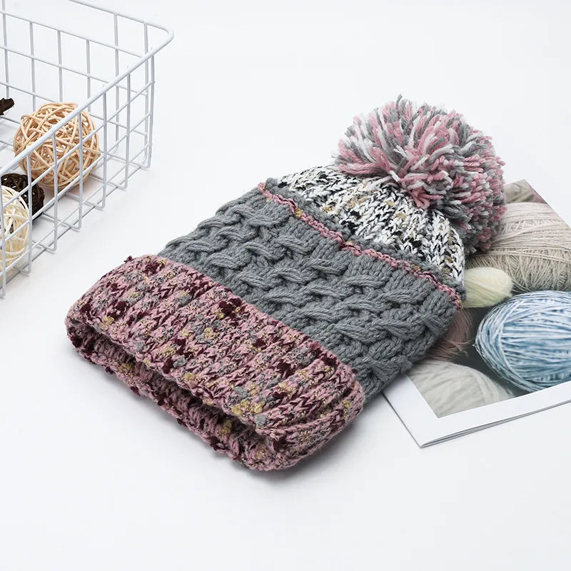 Contrast Thermal Hat with Pompom Gray One Size