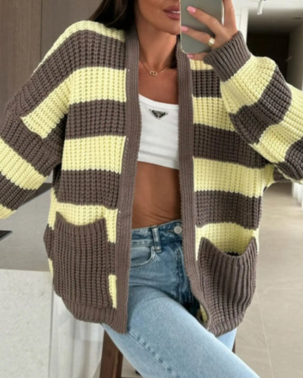 Striped Open Front Long Sleeve Cardigan Yellow