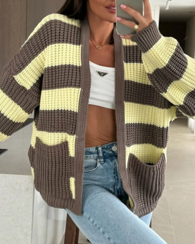 Striped Open Front Long Sleeve Cardigan Yellow
