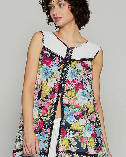 POL Lace Detail Floral Print Sleeveless Blouse Ivory