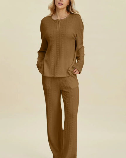 Double Take Full Size Cable-Knit Long Sleeve Top and Pants Set Camel