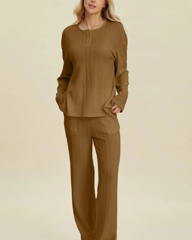 Double Take Full Size Cable-Knit Long Sleeve Top and Pants Set Camel
