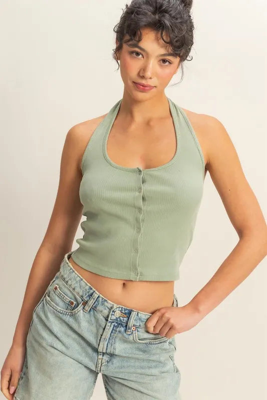 HYFVE Halter Neck Buttoned Washed Top 