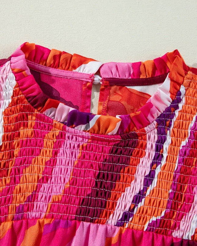 Abstract Print Shirred Yoke Ruffled Blouse