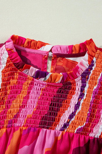 Abstract Print Shirred Yoke Ruffled Blouse