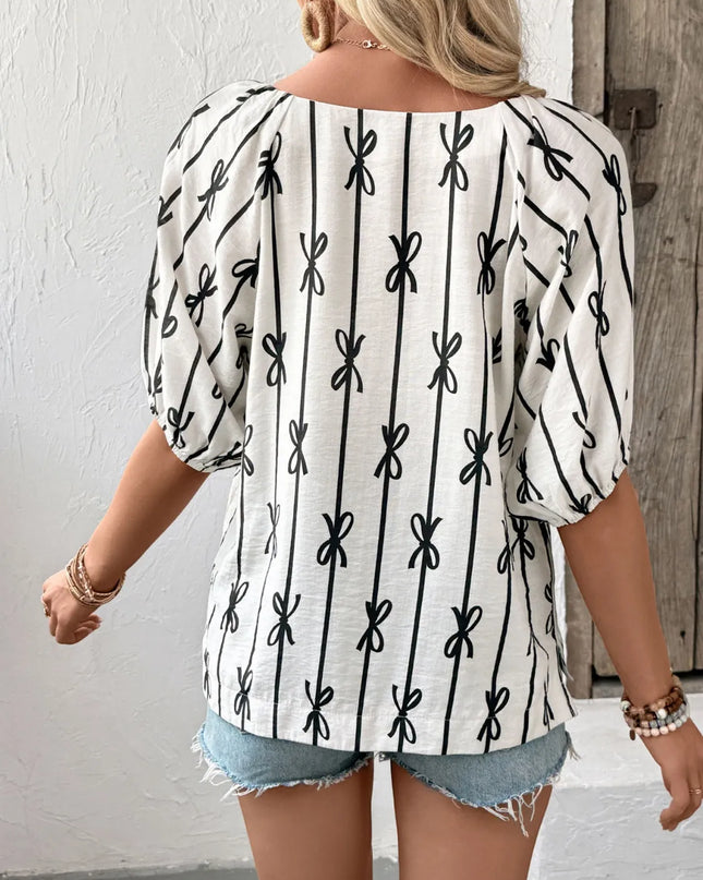 Bow Print Puff Sleeve Casual Blouse 