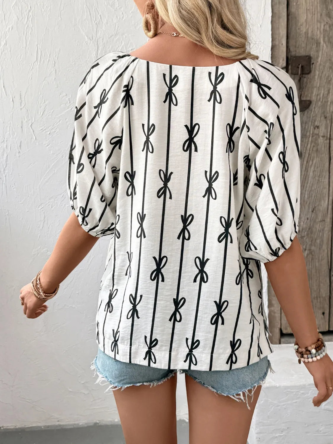 Bow Print Puff Sleeve Casual Blouse 