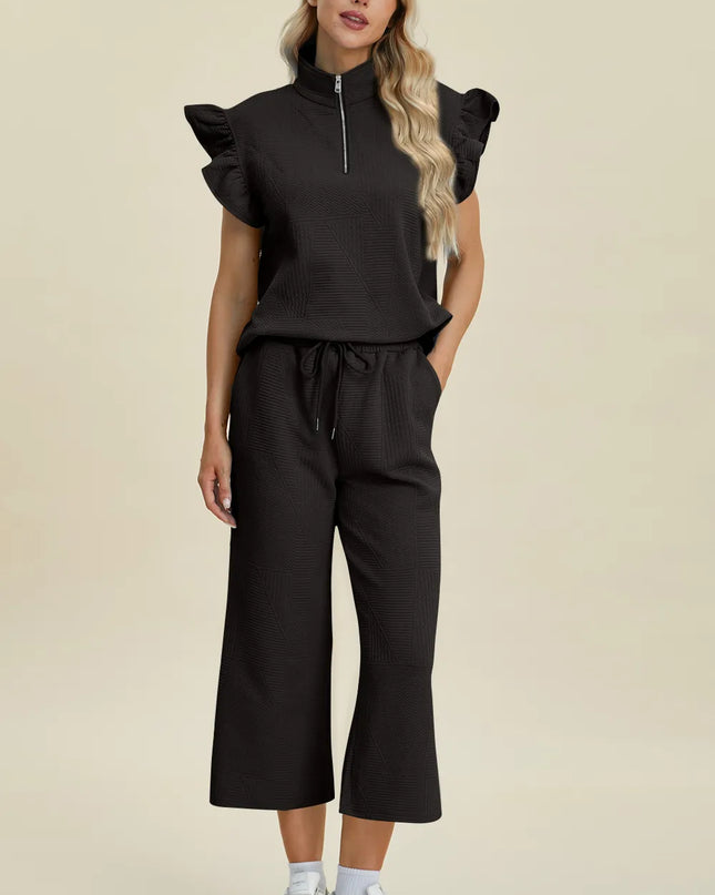 Double Take Full Size Texture Ruffle Short Sleeve Top and Wide Leg Pants Set