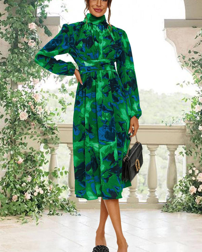 Abstract Floral Print Long Sleeve Midi Dress in Green