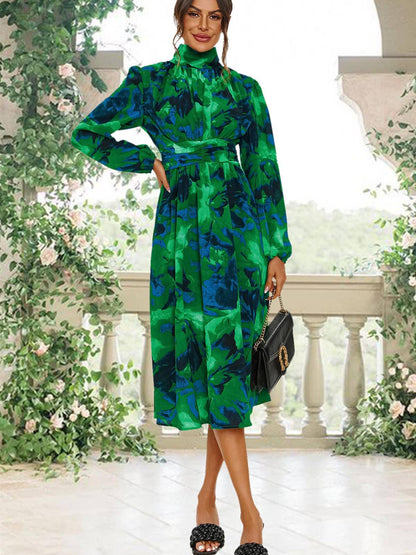 Abstract Floral Print Long Sleeve Midi Dress in Green