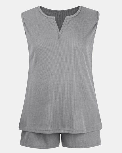 Full Size Waffle-Knit Notched Top and Shorts Set Gray