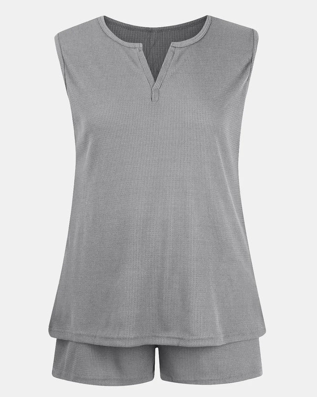 Full Size Waffle-Knit Notched Top and Shorts Set Gray