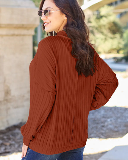 Basic Bae Full Size Ribbed Exposed Seam Mock Neck Knit Top