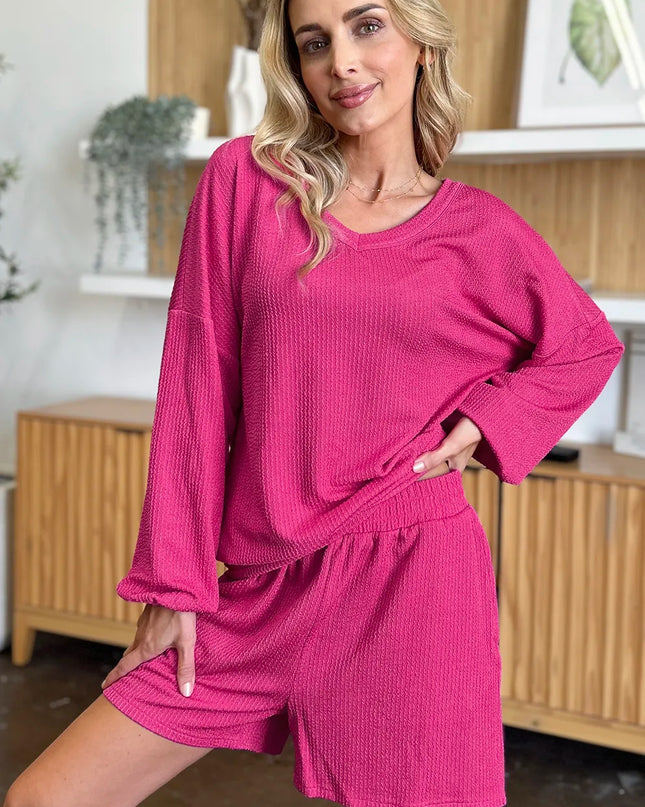 Double Take Full Size Texture V-Neck Long Sleeve T-Shirt and Shorts Set