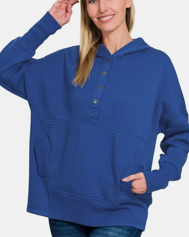 Zenana Half Snap Long Sleeve Hoodie with Kangaroo Pocket Navy
