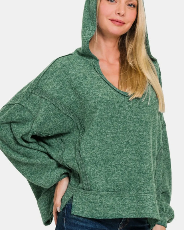 Zenana Brushed Hacci Exposed Seam Hoodie DK Green
