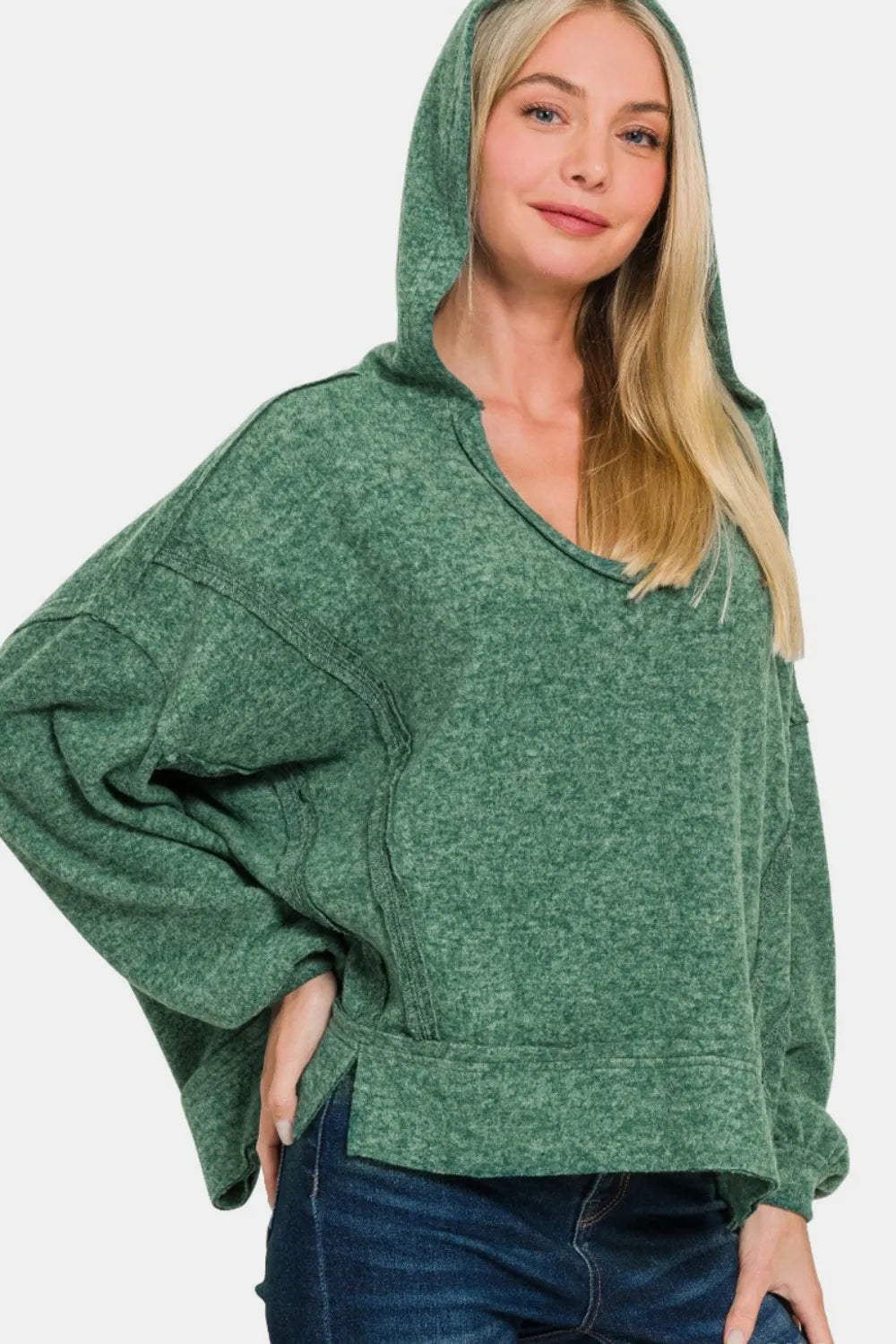 Zenana Brushed Hacci Exposed Seam Hoodie DK Green