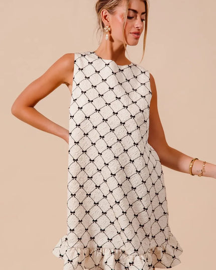 SO ME Texture Bow Printed Mini Ruffle Dress IVORY
