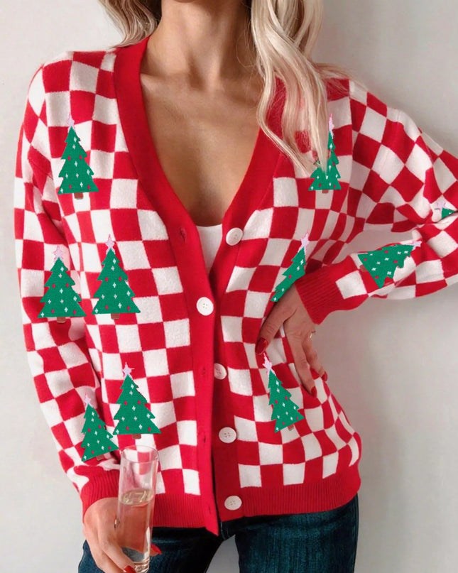 Christmas Tree Pattern Checkered Button V Neck Cardigan