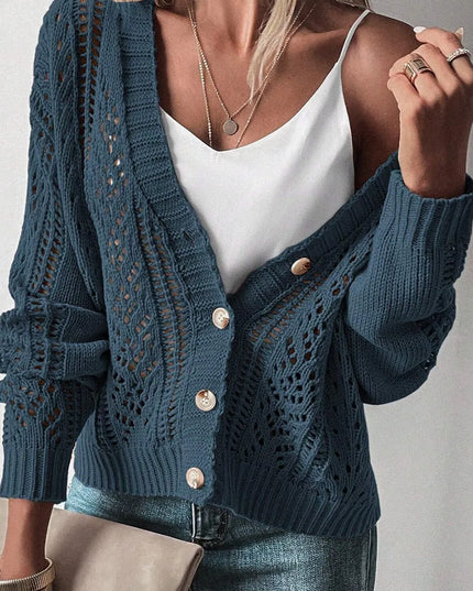 Openwork Button Up Long Sleeve Cardigan