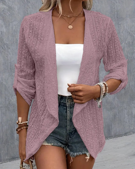 Eyelet Roll-Tab Sleeve Cardigan Lilac