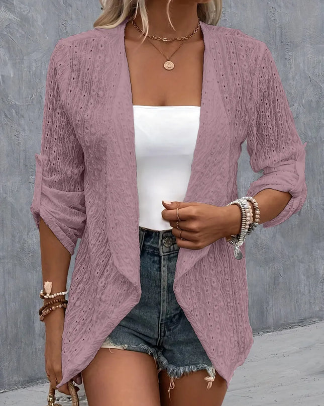 Eyelet Roll-Tab Sleeve Cardigan Lilac