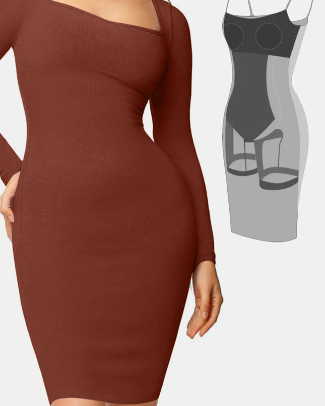 Basic Bae Full Size Built-In Shapewear Square Neck Long Sleeve Dress Dark Brown