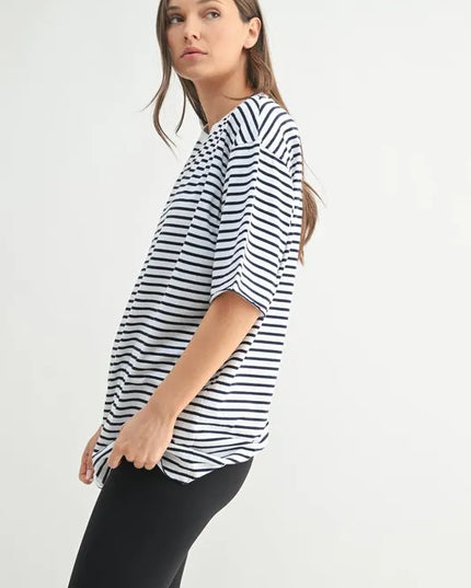 MONO B Coastal Cotton Striped Oversized Crewneck T-Shirt