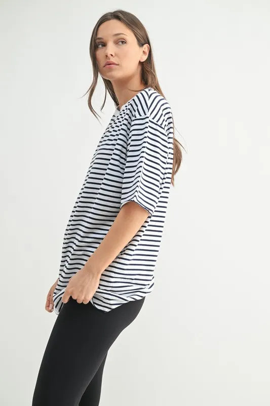 MONO B Coastal Cotton Striped Oversized Crewneck T-Shirt