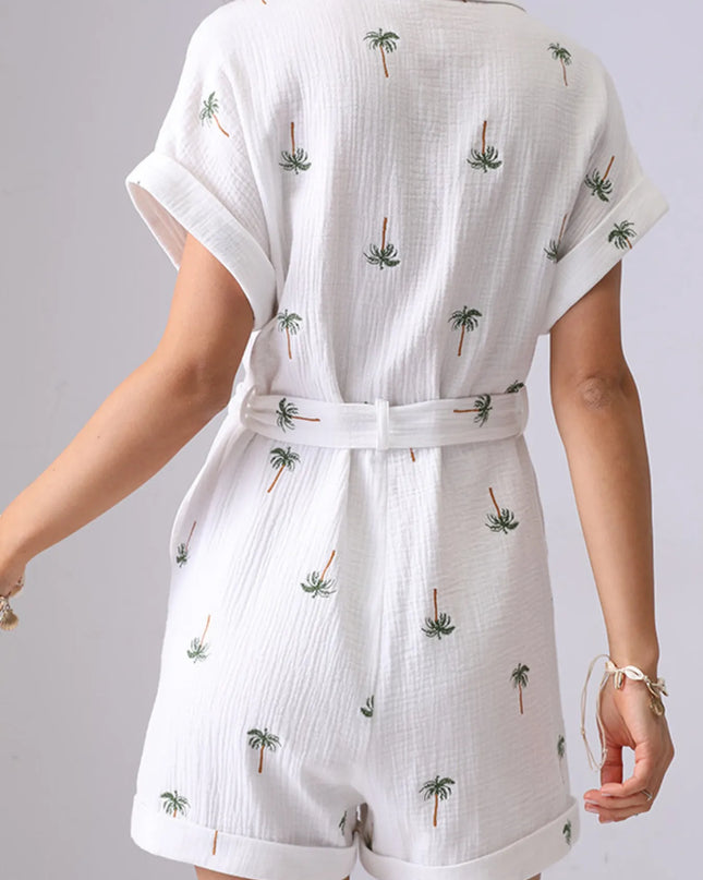 Palm Tree Print Short Sleeve Button-Up Romper with Belt