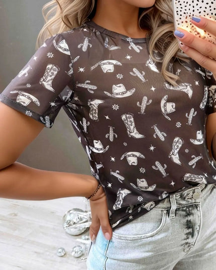 Western Pattern Mesh Sheer Crew Neck Top Black