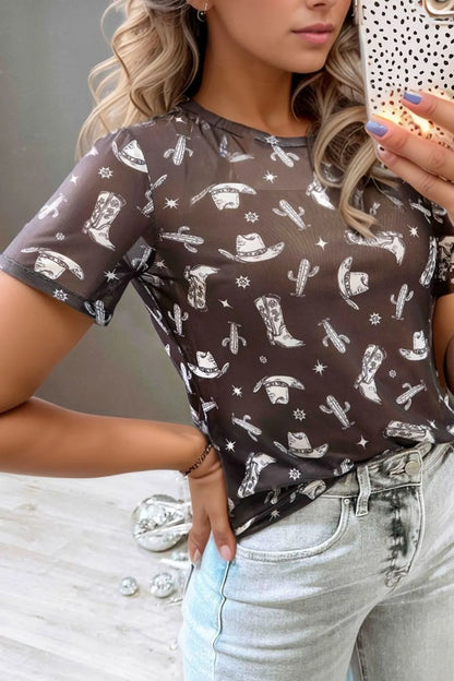 Western Pattern Mesh Sheer Crew Neck Top Black