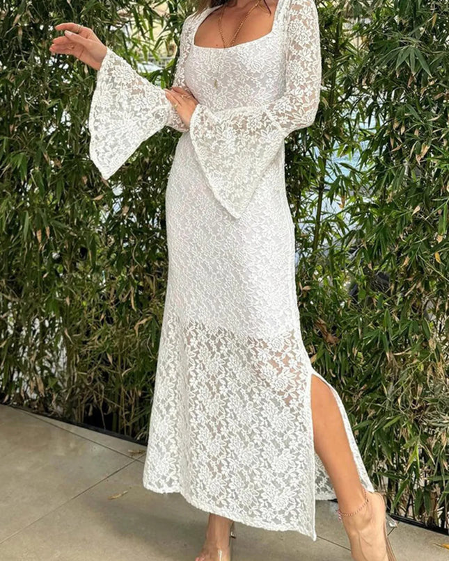 Lace Bell Sleeve Square Neck Bodycon Dress White