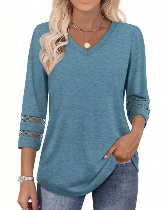 Full Size V-Neck 3/4 Sleeve T-Shirt Plus Size Indigo
