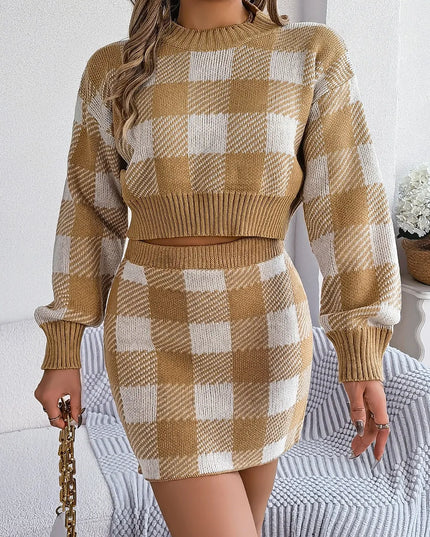 Plaid Round Neck Top and Skirt Sweater Set