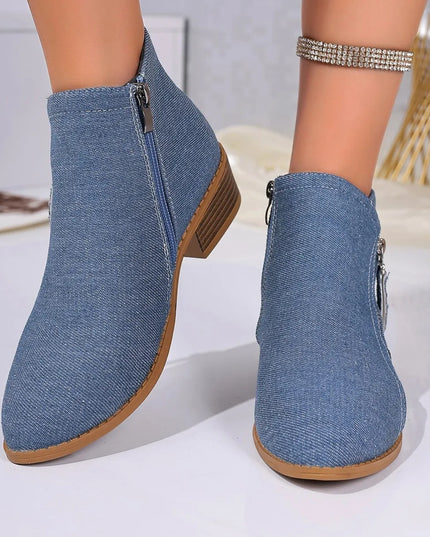 Point Toe Block Heels Boots Blue