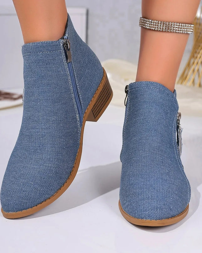 Point Toe Block Heels Boots Blue