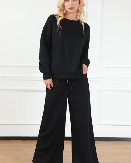 Double Take Full Size Textured Long Sleeve Top and Drawstring Pants Set Black