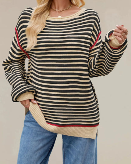 Slit Striped Oversized Sweater Apricot