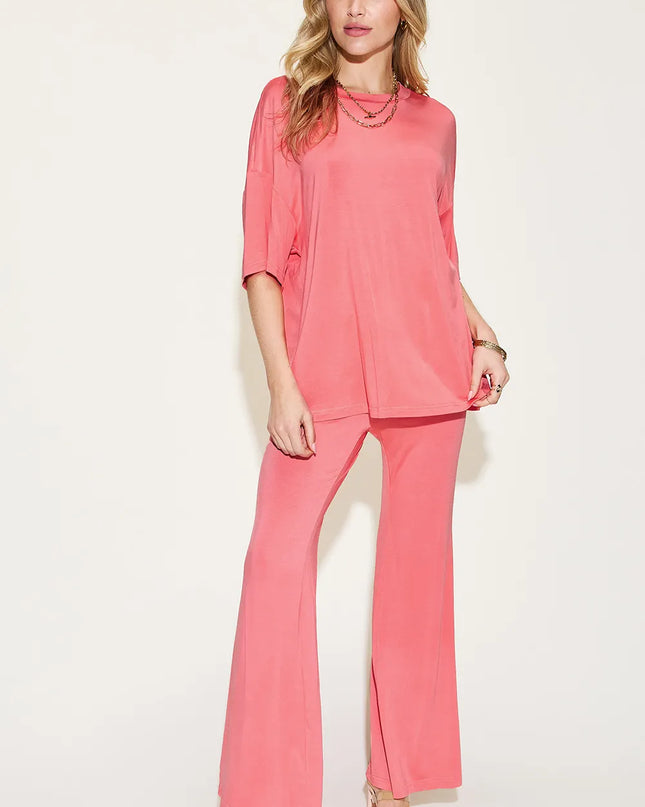 Basic Bae Full Size Bamboo Drop Shoulder T-Shirt and Flare Pants Set